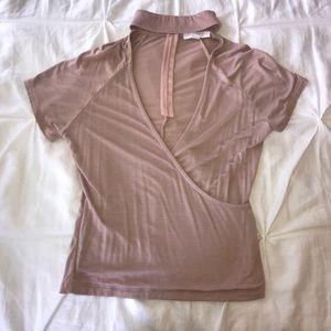 pink v-neck crop top with collar